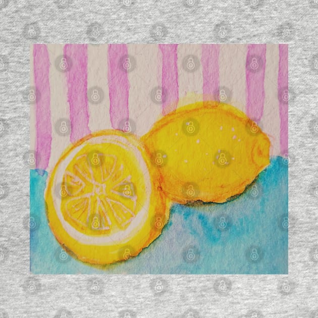 Watercolor lemons on blue table with striped pink background by San Mould Art